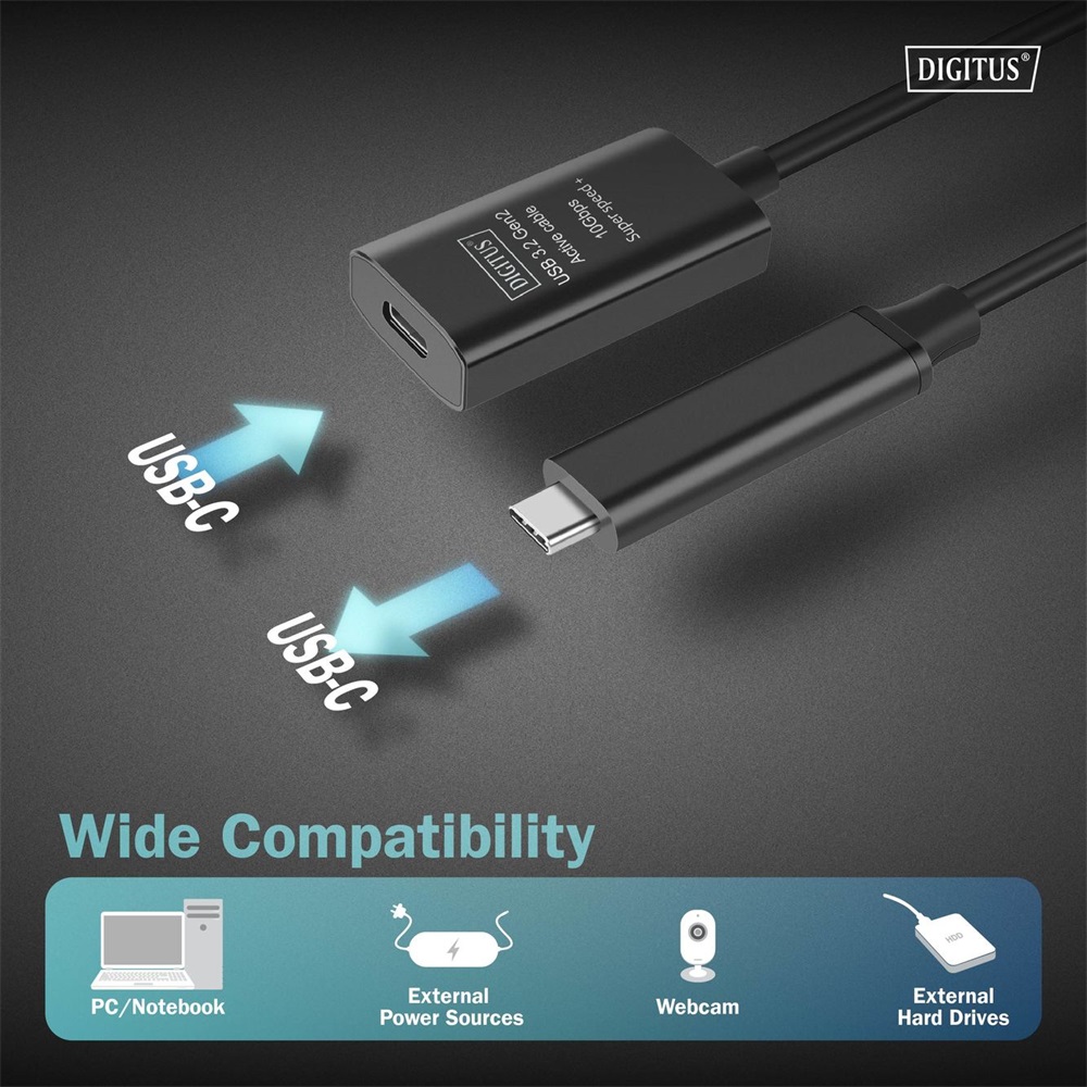 DIGITUS DA-73112 SuperSpeed Aktív USB 3.2 Gen2 type-C hosszabbító kábel 5m