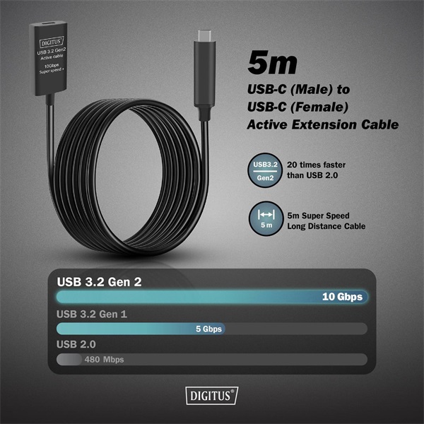 DIGITUS DA-73112 SuperSpeed Aktív USB 3.2 Gen2 type-C hosszabbító kábel 5m