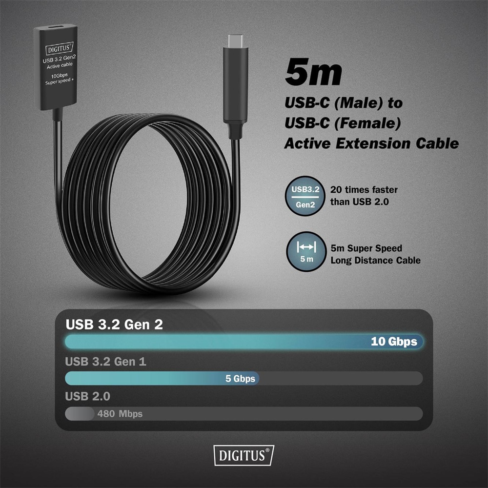 DIGITUS DA-73112 SuperSpeed Aktív USB 3.2 Gen2 type-C hosszabbító kábel 5m