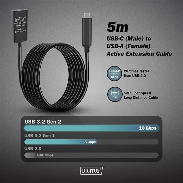 DIGITUS DA-73113 SuperSpeed Aktív USB-A 3.2 Gen2 USB type-C hosszabbító kábel 5m