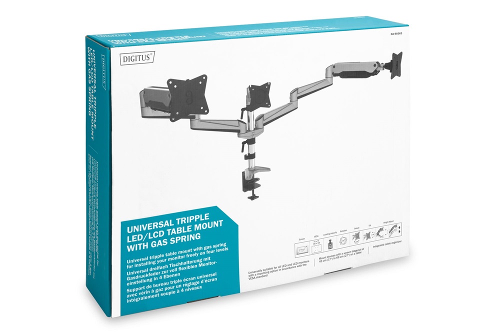 DIGITUS DA-90363 C-bilincses gázrugós univerzális (VESA 75/100) 3-as ezüst monitor tartó konzol