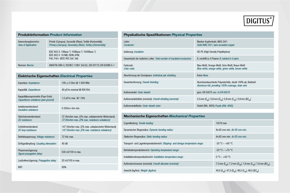 DIGITUS DK-1623-VH-1 Cat.6 F/UTP 250MHz Eca LSZH 100m lila fali kábel