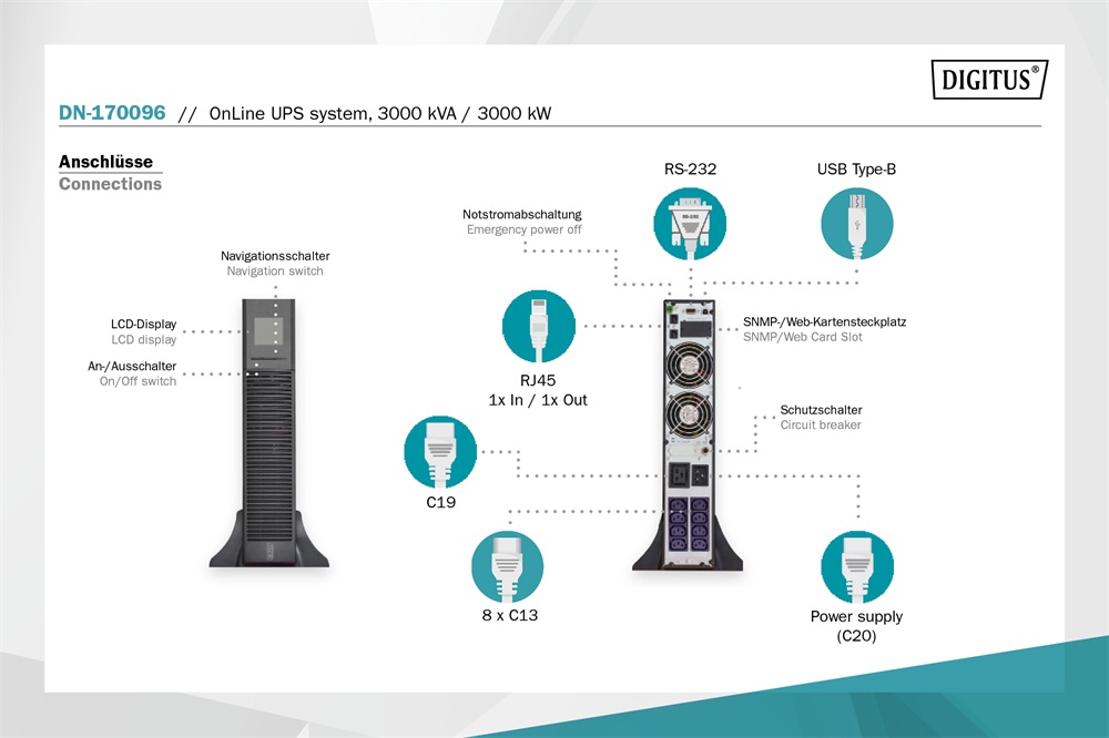 DIGITUS DN-170096 3000VA 3000W fekete online rack szünetmentes tápegység