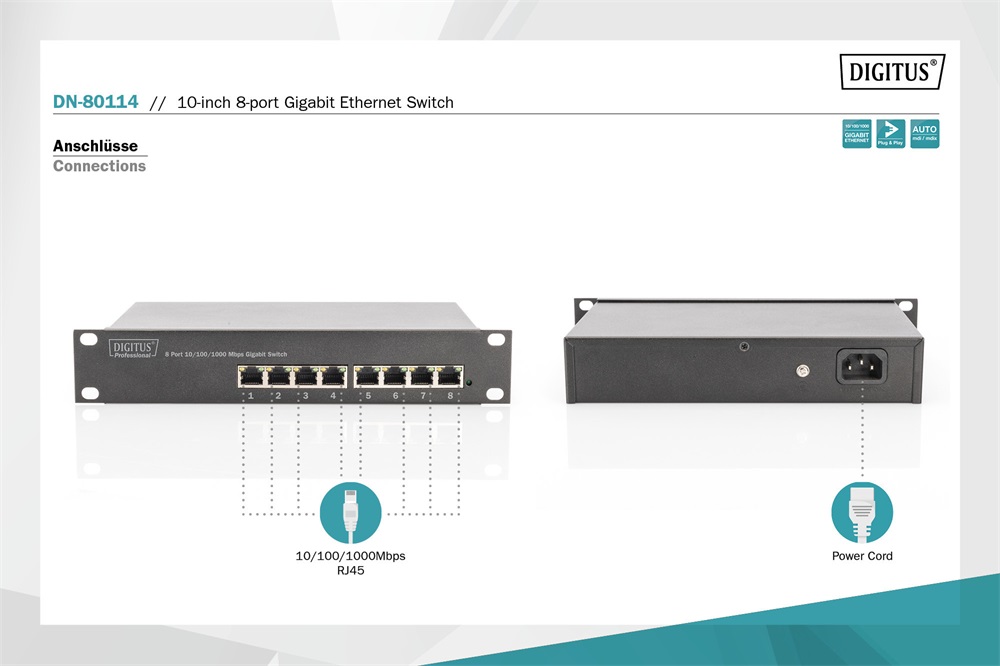 DIGITUS DN-80114 10" 8x GbE Lan port nem menedzselhető Switch