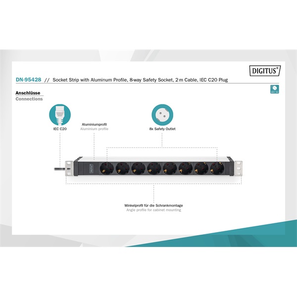 DIGITUS DN-95428 1U rack alu 8 schuko dugaljas C20-as tápcsatlakozós hálózati elosztó
