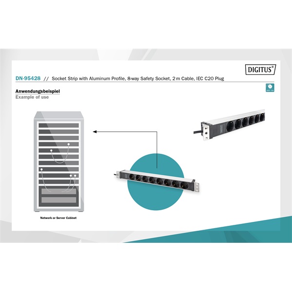DIGITUS DN-95428 1U rack alu 8 schuko dugaljas C20-as tápcsatlakozós hálózati elosztó