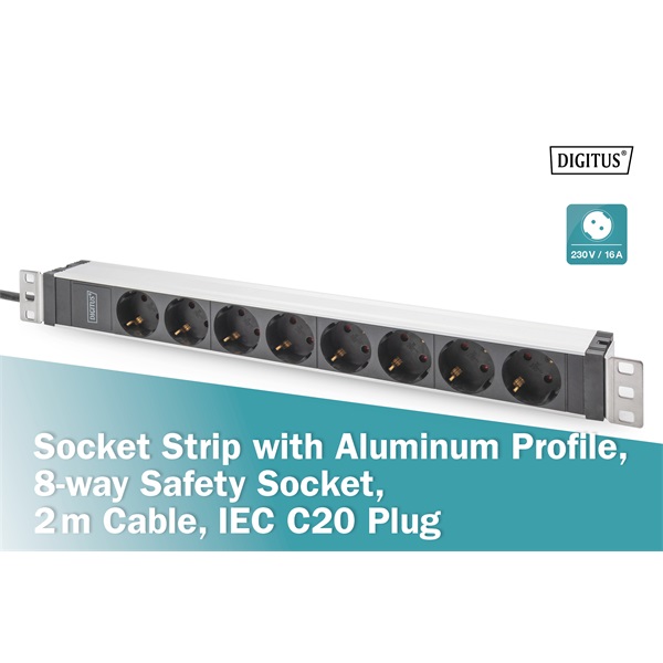 DIGITUS DN-95428 1U rack alu 8 schuko dugaljas C20-as tápcsatlakozós hálózati elosztó
