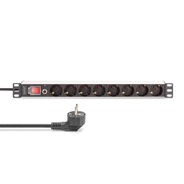 DIGITUS DN-95436 19" 1U PDU 250V 16A 8xCEE7/3 aljzat CEE7/7 csatlakozó kapcsolóval túlterhelés védelemmel 2M elosztósor
