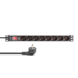 DIGITUS DN-95436 19" 1U PDU 250V 16A 8xCEE7/3 aljzat CEE7/7 csatlakozó kapcsolóval túlterhelés védelemmel 2M elosztósor