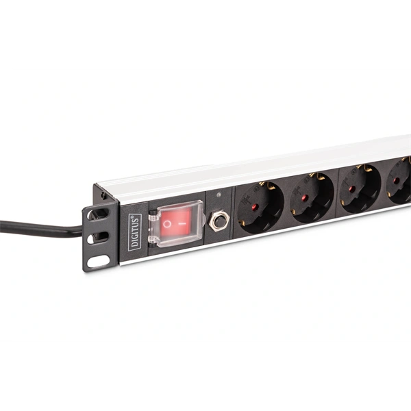DIGITUS DN-95436 19" 1U PDU 250V 16A 8xCEE7/3 aljzat CEE7/7 csatlakozó kapcsolóval túlterhelés védelemmel 2M elosztósor