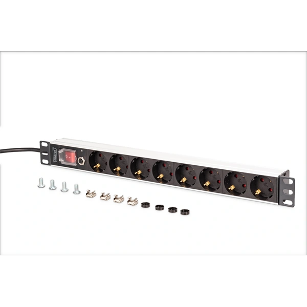DIGITUS DN-95436 19" 1U PDU 250V 16A 8xCEE7/3 aljzat CEE7/7 csatlakozó kapcsolóval túlterhelés védelemmel 2M elosztósor