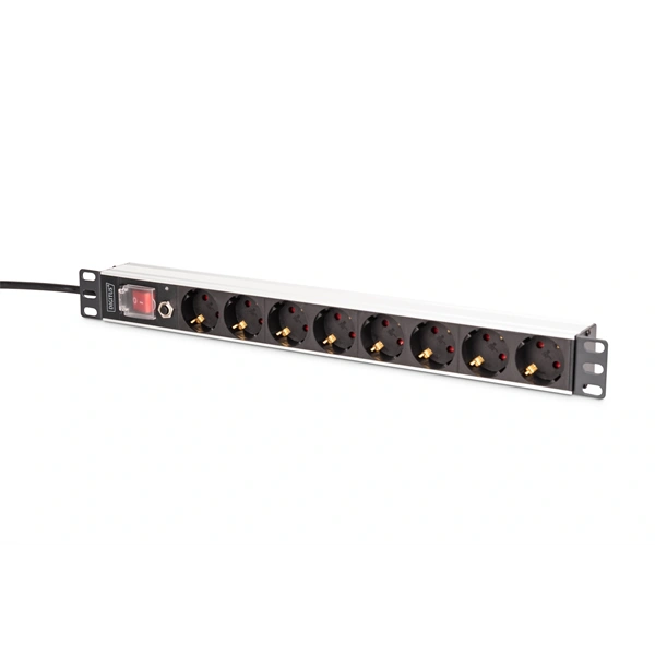 DIGITUS DN-95436 19" 1U PDU 250V 16A 8xCEE7/3 aljzat CEE7/7 csatlakozó kapcsolóval túlterhelés védelemmel 2M elosztósor