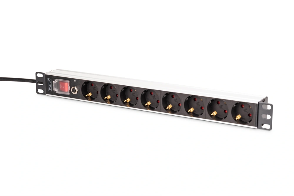 DIGITUS DN-95436 19" 1U PDU 250V 16A 8xCEE7/3 aljzat CEE7/7 csatlakozó kapcsolóval túlterhelés védelemmel 2M elosztósor