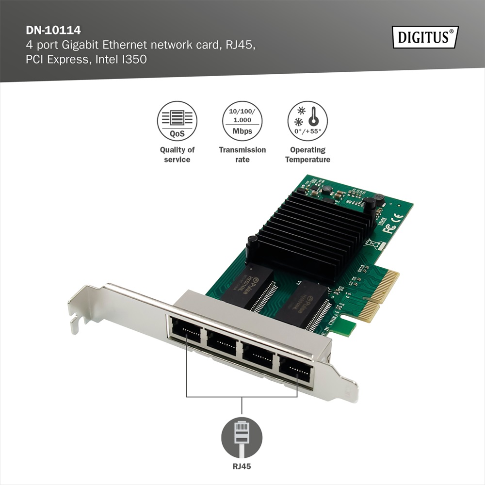 DIGITUS DN-10114 4 port PCI Express hálózati kártya Belső Gigabit Ethernet Intel I350