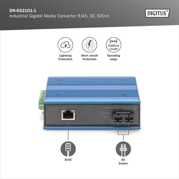 DIGITUS DN-652101 1x GbE Rj45 1x SC duplex multimódusú 0,5km ipari média konverter