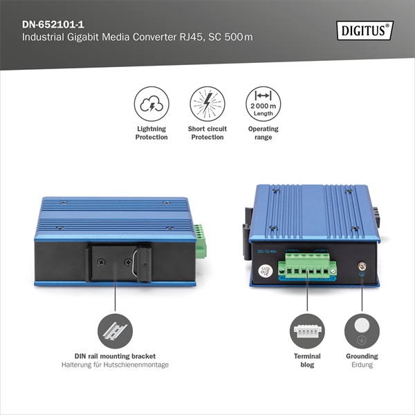 DIGITUS DN-652101 1x GbE Rj45 1x SC duplex multimódusú 0,5km ipari média konverter