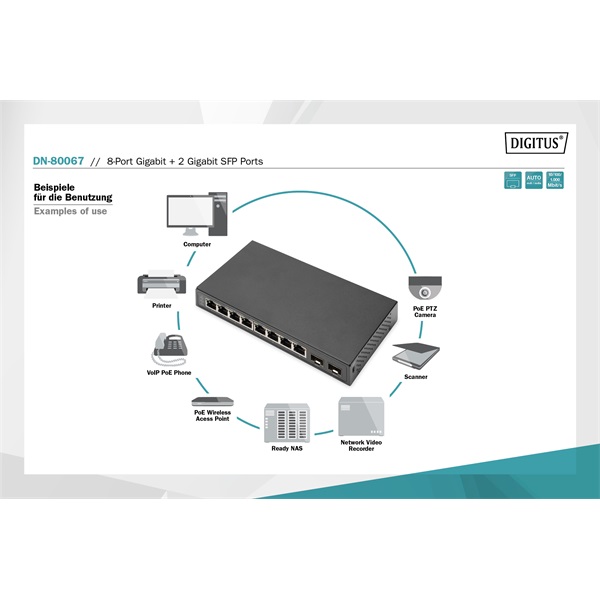 DIGITUS DN-80067 8x GbE Lan port 2x SFP port nem menedzselhető asztali switch