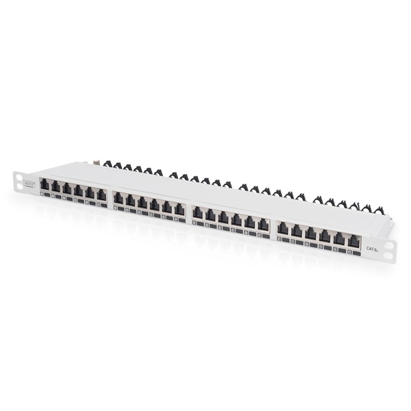DIGITUS DN-91624S-SL-EA-G CAT6A 24port 19" 0,5U fekete árnyékolt Patch Panel