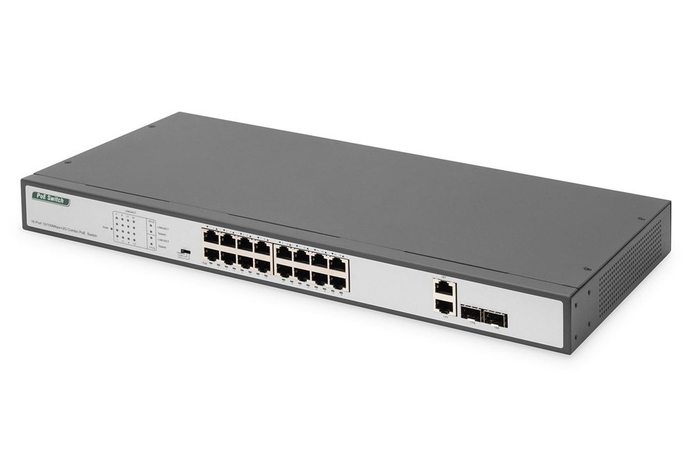 DIGITUS DN-95342-1 16x 10/100Mbps FE Lan port 2x uplink port 2x SFP port PoE 250W nem menedzselhető switch
