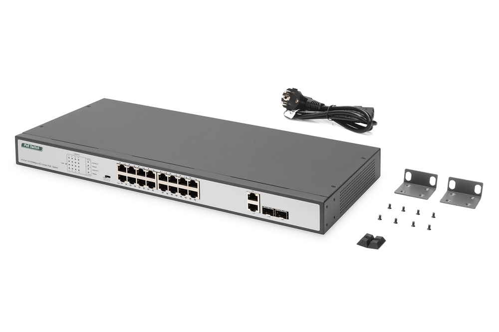 DIGITUS DN-95342-1 16x 10/100Mbps FE Lan port 2x uplink port 2x SFP port PoE 250W nem menedzselhető switch