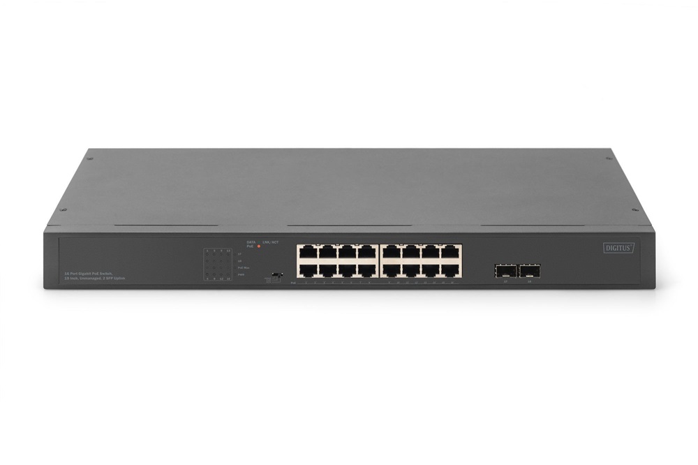 DIGITUS DN-95347-2 16x GbE Lan port 2x uplink port 2x SFP port PoE 250W nem menedzselhető switch