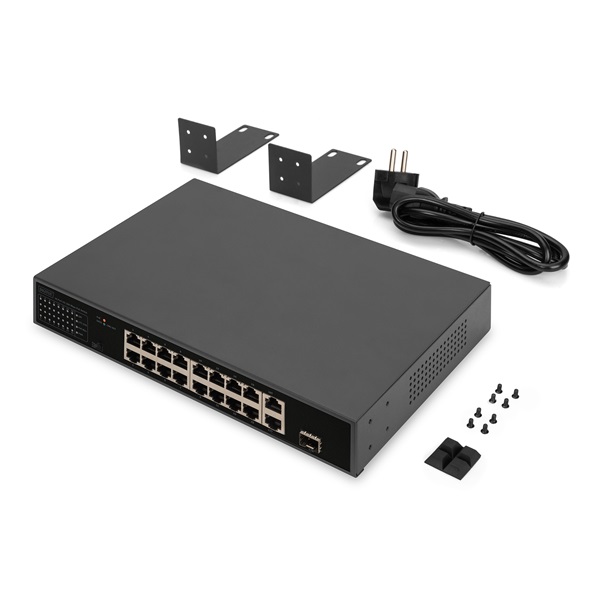 DIGITUS DN-95355 1U 19" 16x 10/100Mbps FE 1x GbE 1x GbE Combo Lan port 1x SFP port PoE 185W nem menedzselhető switch