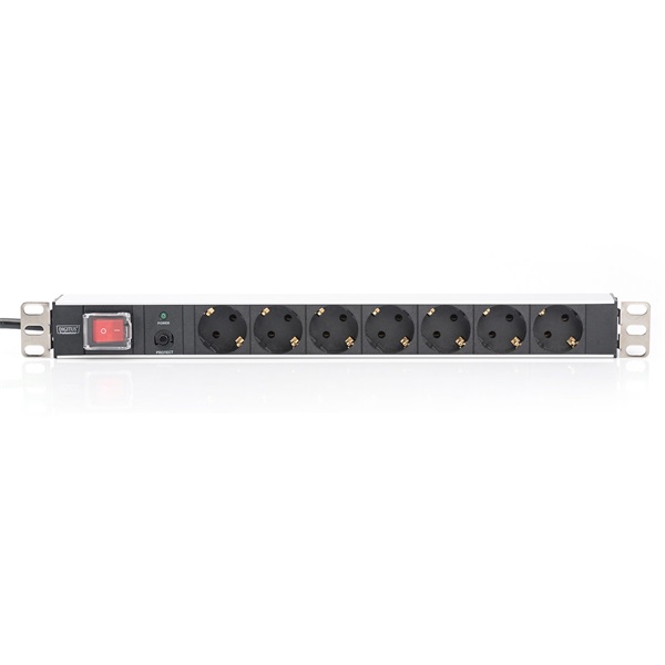 DIGITUS DN-95403 19" 1U PDU 250V 16A 7xCEE7/3 aljzat CEE7/7 csatlakozó kapcsolóval 2M elosztósor
