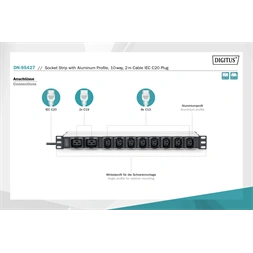 DIGITUS DN-95427 19" 1U PDU 230V 16A 8xIEC C13 2xC19 aljzat IEC C20 csatlakozó 2M elosztósor