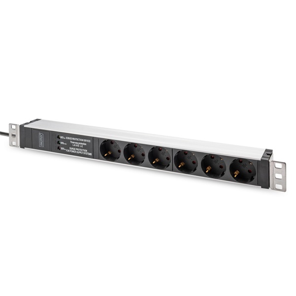 DIGITUS DN-95432 19" 1U PDU 230V 16A 6xCEE 7/3 aljzat CEE7/7 csatlakozó túlfeszültség védelemmel 2M elosztósor