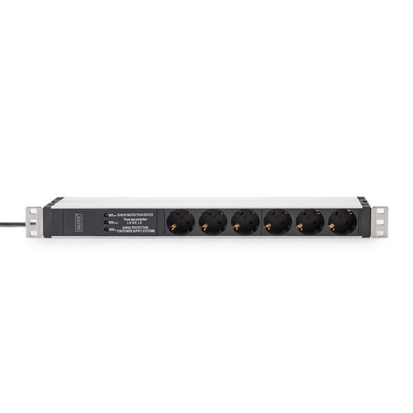 DIGITUS DN-95432 19" 1U PDU 230V 16A 6xCEE 7/3 aljzat CEE7/7 csatlakozó túlfeszültség védelemmel 2M elosztósor