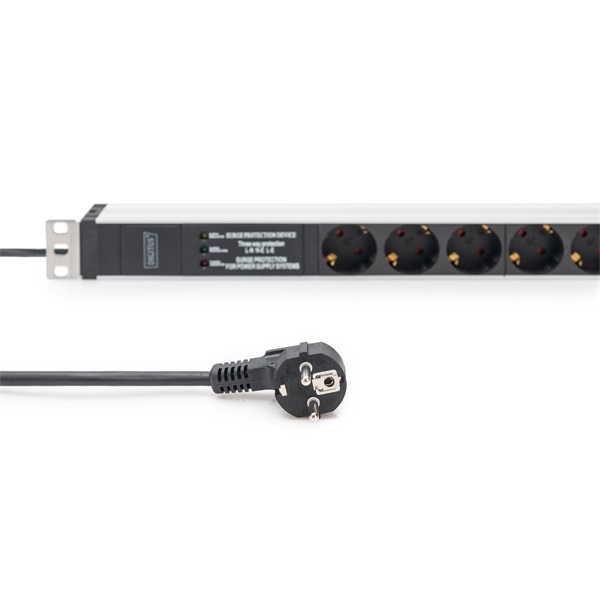 DIGITUS DN-95432 19" 1U PDU 230V 16A 6xCEE 7/3 aljzat CEE7/7 csatlakozó túlfeszültség védelemmel 2M elosztósor