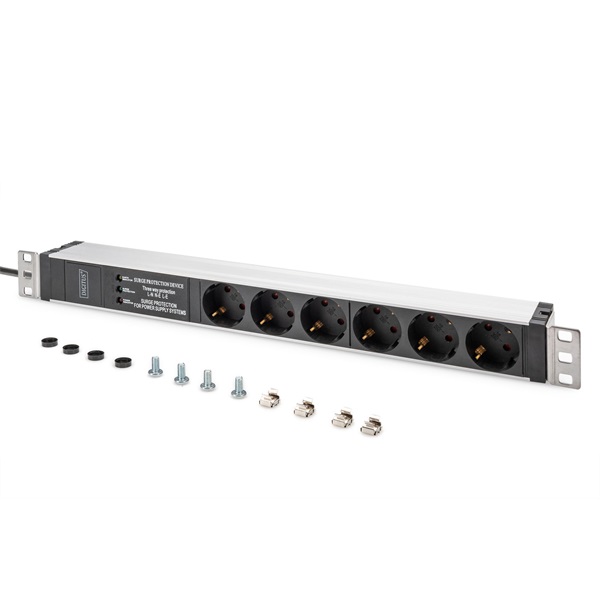 DIGITUS DN-95432 19" 1U PDU 230V 16A 6xCEE 7/3 aljzat CEE7/7 csatlakozó túlfeszültség védelemmel 2M elosztósor