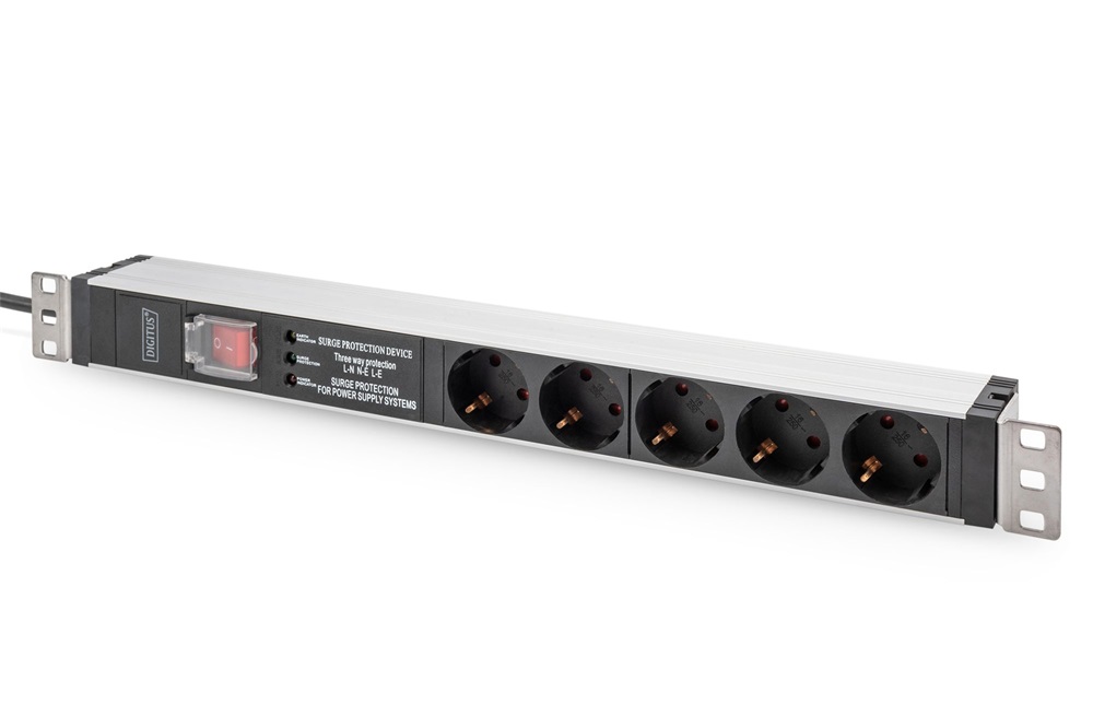 DIGITUS DN-95433 19" 1U PDU 230V 16A 5xCEE 7/3 aljzat CEE7/7 csatlakozó túlfeszültség védelemmel 2M elosztósor