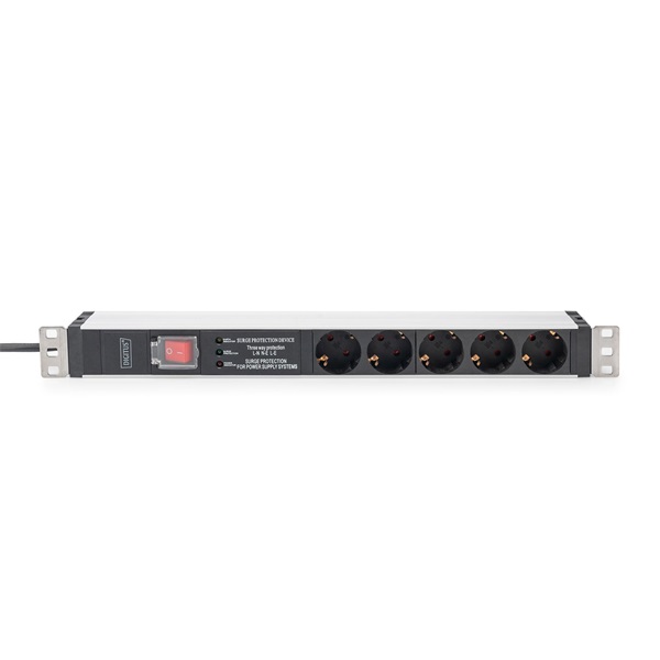 DIGITUS DN-95433 19" 1U PDU 230V 16A 5xCEE 7/3 aljzat CEE7/7 csatlakozó túlfeszültség védelemmel 2M elosztósor