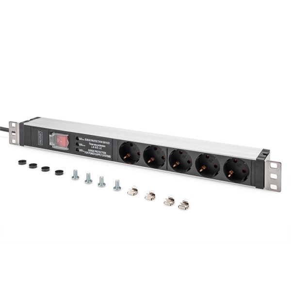 DIGITUS DN-95433 19" 1U PDU 230V 16A 5xCEE 7/3 aljzat CEE7/7 csatlakozó túlfeszültség védelemmel 2M elosztósor