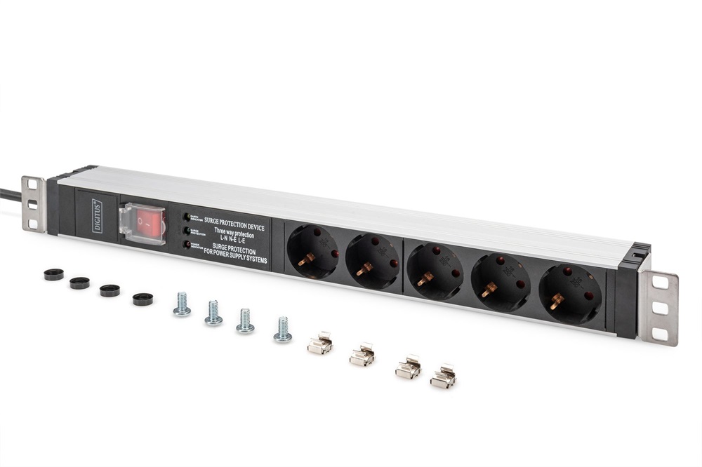 DIGITUS DN-95433 19" 1U PDU 230V 16A 5xCEE 7/3 aljzat CEE7/7 csatlakozó túlfeszültség védelemmel 2M elosztósor