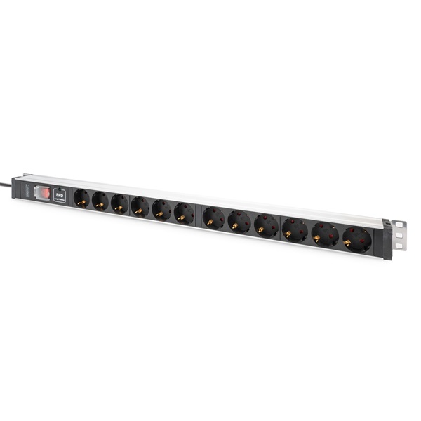 DIGITUS DN-95435 19" 1U PDU 230V 16A 12xCEE 7/3 aljzat CEE7/7 csatlakozó túlfeszültség védelemmel 2M elosztósor
