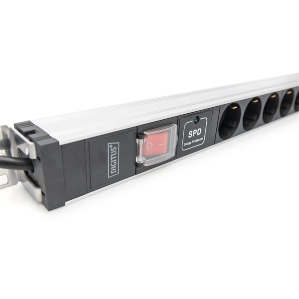 DIGITUS DN-95435 19" 1U PDU 230V 16A 12xCEE 7/3 aljzat CEE7/7 csatlakozó túlfeszültség védelemmel 2M elosztósor