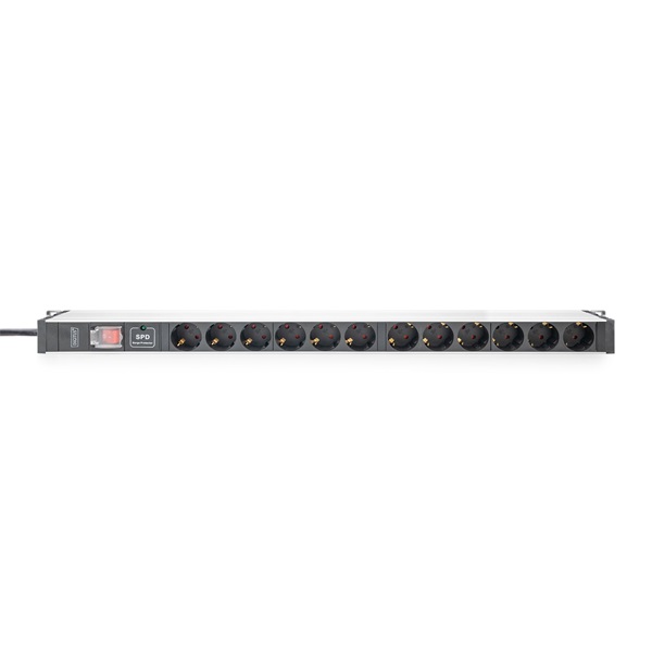 DIGITUS DN-95435 19" 1U PDU 230V 16A 12xCEE 7/3 aljzat CEE7/7 csatlakozó túlfeszültség védelemmel 2M elosztósor