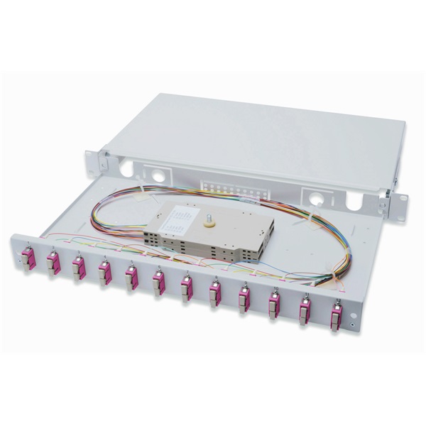 DIGITUS DN-96321-4 1U 12xSC duplex OM4 toldóval pigtaillel és kötőkazettával szerelt optikai rendező