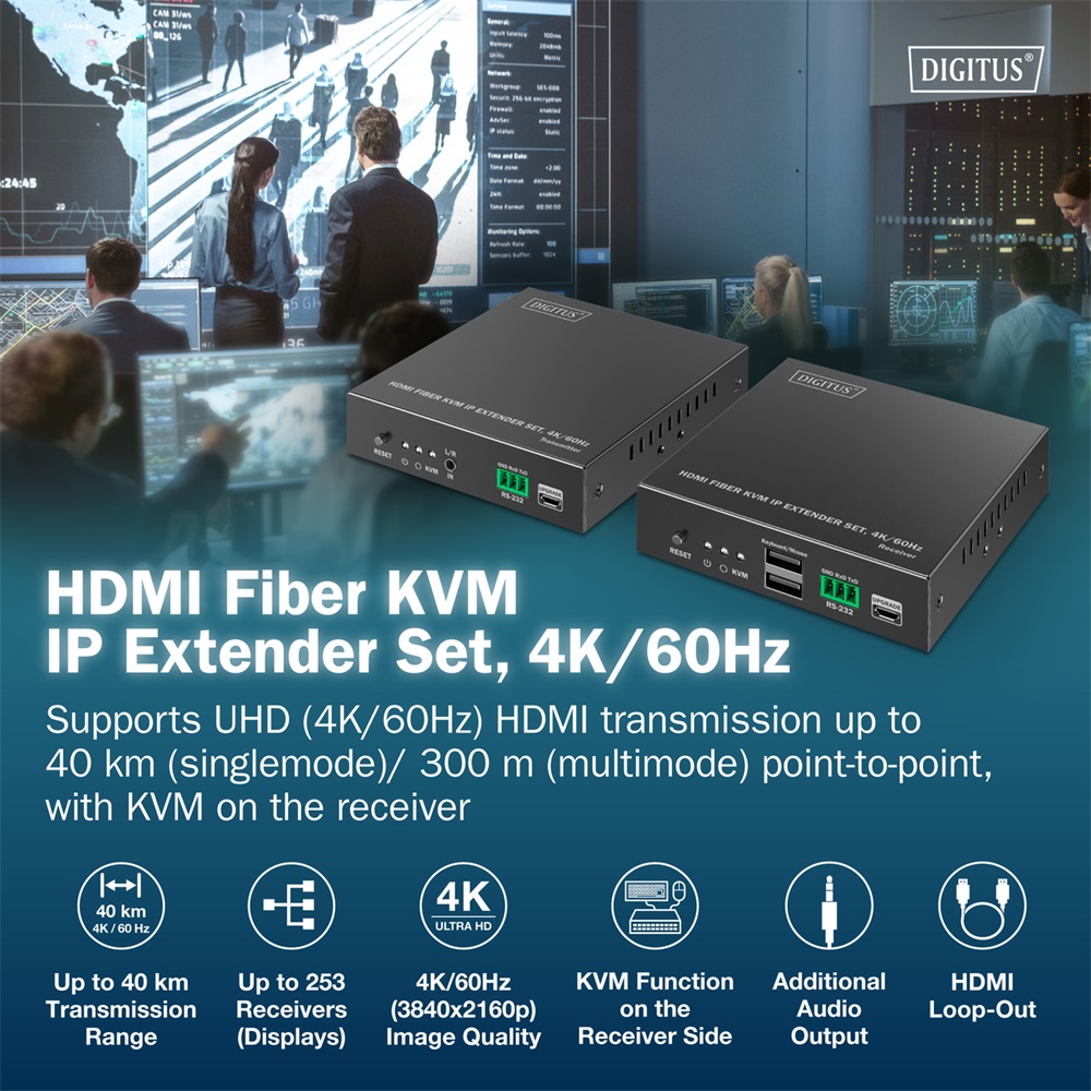 DIGITUS DS-55348 HDMI 4K UHD 60Hz KVM IP 40km/300m optikai extender szett