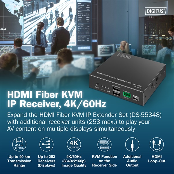 DIGITUS DS-55349 HDMI 4K UHD 60Hz KVM IP 40km/300m optikai extender vevőegység