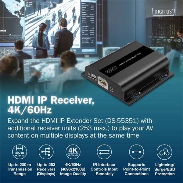 DIGITUS DS-55352 HDMI 4K UHD 60Hz Cat.6 IP 200m extender vevőegység