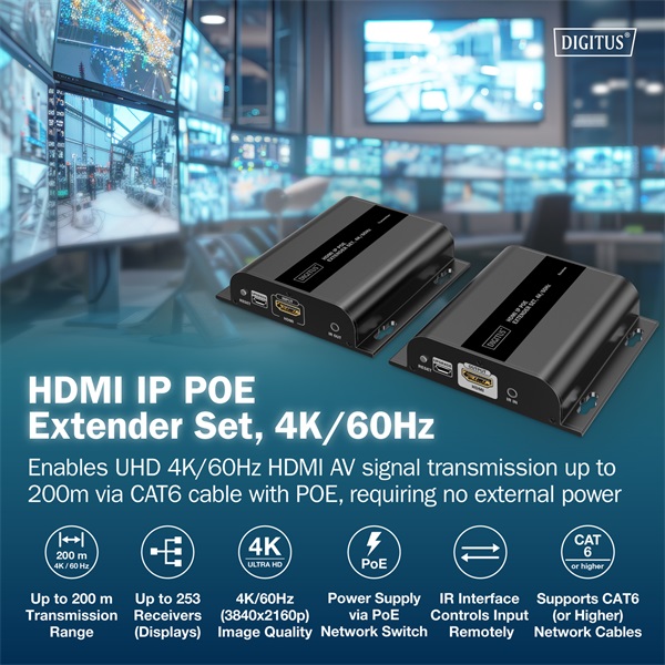 DIGITUS DS-55353 HDMI 4K UHD 60Hz Cat.6 IP 200m PoE extender szett