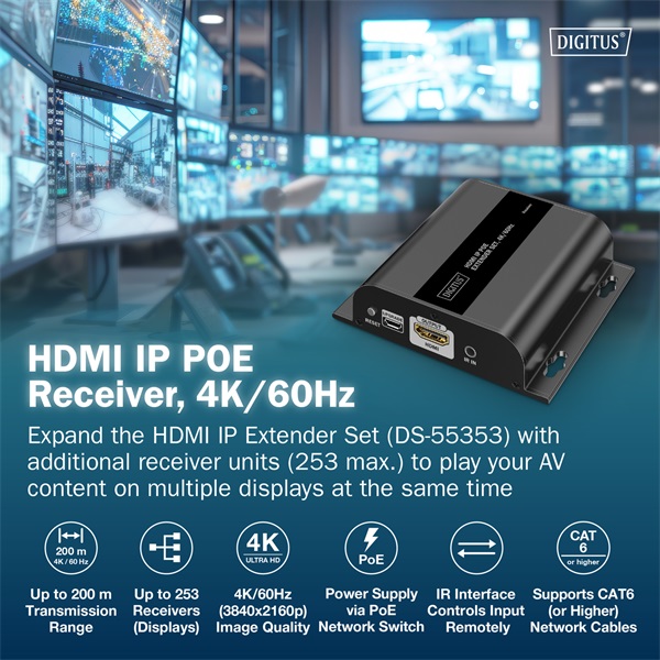 DIGITUS DS-55354 HDMI 4K UHD 60Hz Cat.6 IP 200m PoE extender vevőegység