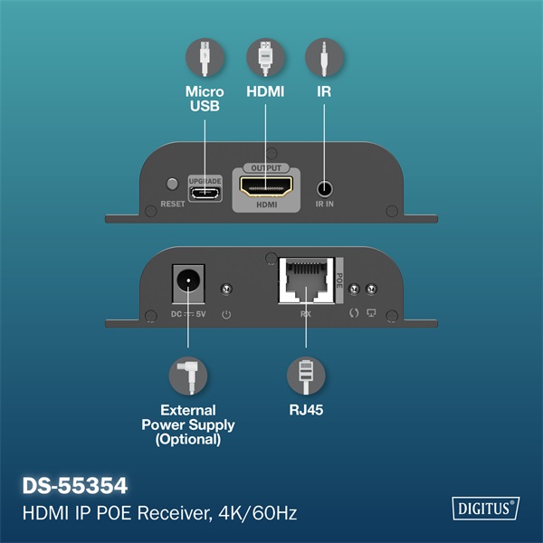 DIGITUS DS-55354 HDMI 4K UHD 60Hz Cat.6 IP 200m PoE extender vevőegység
