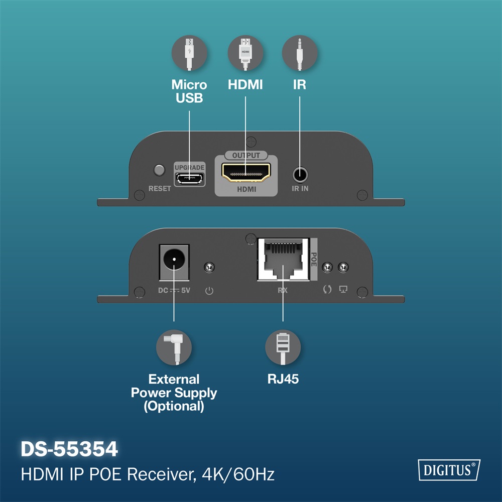 DIGITUS DS-55354 HDMI 4K UHD 60Hz Cat.6 IP 200m PoE extender vevőegység