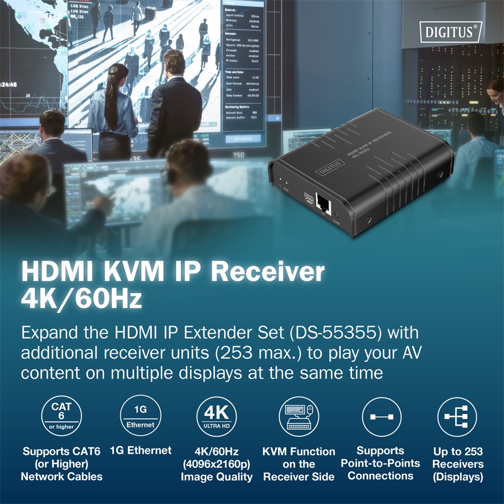 DIGITUS DS-55356 HDMI 4K UHD 60Hz Cat.6 KVM IP 200m extender vevőegység