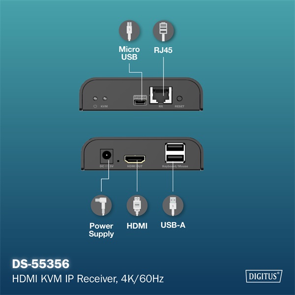 DIGITUS DS-55356 HDMI 4K UHD 60Hz Cat.6 KVM IP 200m extender vevőegység