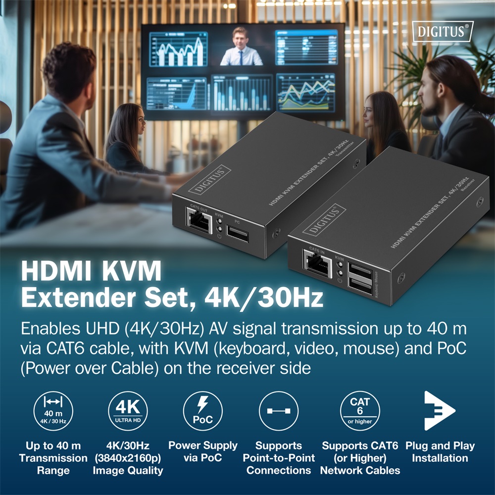 DIGITUS DS-55357 HDMI 4K UHD 30Hz Cat.6 KVM IP 40m extender szett